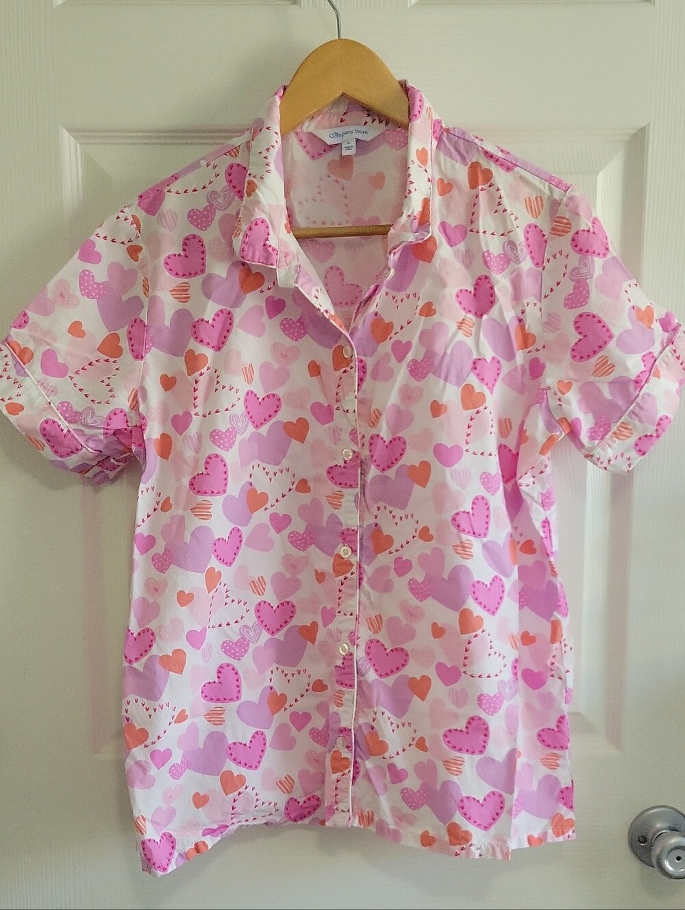 The Company Store Poplin PJ Top L Button Down 100% Cotton Hearts Rare Like New